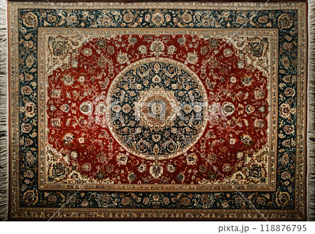 Traditional Persian rug with bold red and blue medallion 118876795