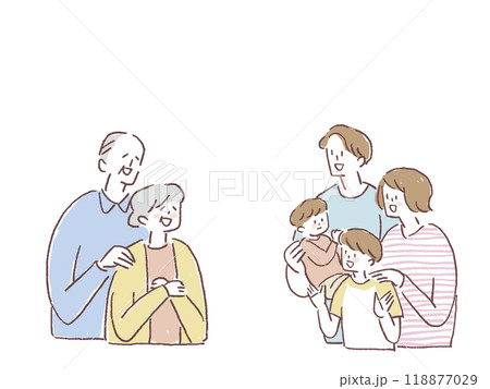 老夫婦と子供を連れた家族、帰省 118877029