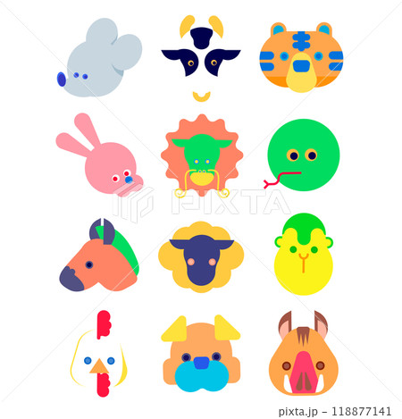 十二支を担当する動物の顔のイラスト(フラット) 十二支を担当する動物の顔のイラスト(フラット) 118877141