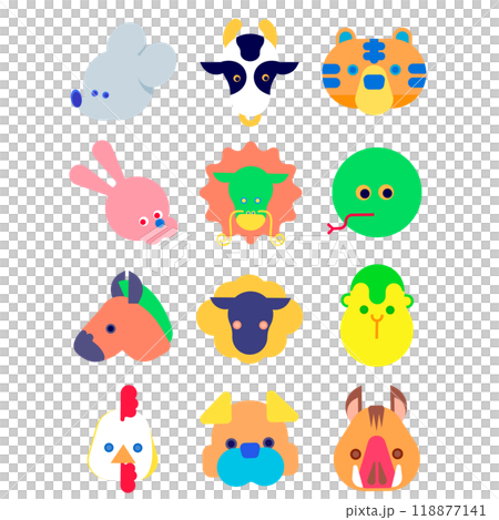 十二支を担当する動物の顔のイラスト(フラット) 十二支を担当する動物の顔のイラスト(フラット) 118877141