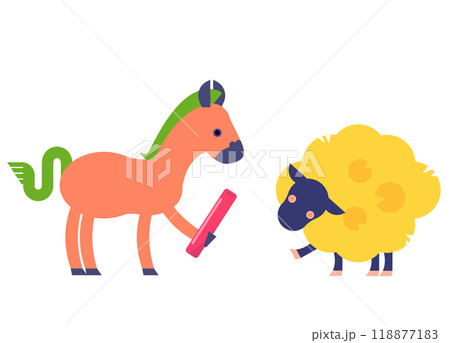 干支の午年から未年にバトンタッチをする様子のイラスト 118877183