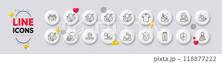 Collagen skin, T-shirt and Pants line icons. White buttons 3d icons. Pack of Uv protection, Cobalamin vitamin, Health skin icon. Face cream, Uv protection, Riboflavin vitamin pictogram. Vector 118877222