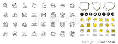Set of Phone payment, Euro rate and Approve line icons for web app. Design elements, Social media icons. Microphone, Phone protect, Software bug icons. Vector 118877230