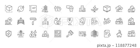 Building warning, Package size and Wholesale inventory line icons. Pack of Enterprise, Paint roller, Power certificate icon. Solar panel, Charging time, Car charging pictogram. Line icons. Vector 118877248
