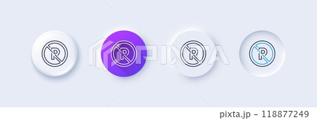 No parking line icon. Neumorphic, Purple gradient, 3d pin buttons. Car park not allowed sign. Transport garage symbol. Line icons. Neumorphic buttons with outline signs. Vector 118877249