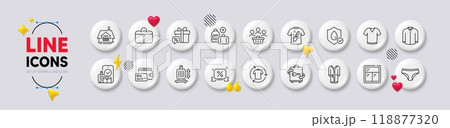 Baggage size, Panties and Luggage line icons. White buttons 3d icons. Pack of Sale gift, Discounts ribbon, Shirt icon. Balcony, Carry-on baggage, Handbag pictogram. Vector 118877320