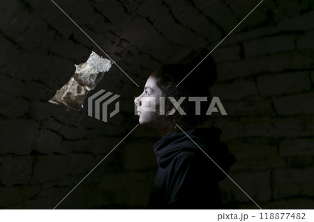 A young girl stands in a dimly lit, rustic dungeon, her face turned towards a small window. She appears lost in thought, contemplating the world beyond the wall. 118877482