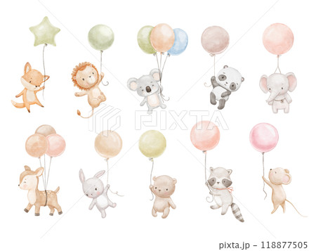Cute baby fox, elephant and bear with balloons collection. Watercolor animals characters. Hand drawn neutral illustrations set 118877505