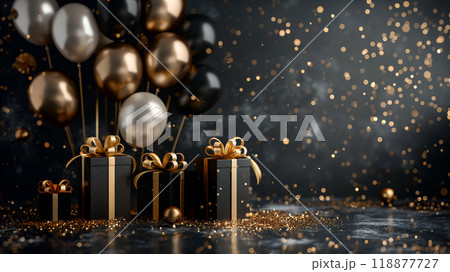 Elegant gold, black, white balloons and gift boxes decorate new year background. Generative AI 118877727
