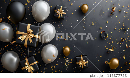 Elegant celebration flat lay background with gifts and balloons on dark background. Generative AI 118877728