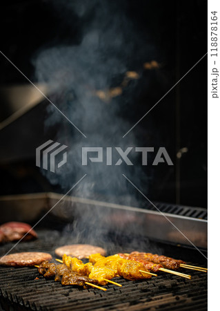 Grilled Kebab From Fresh Meat Pork Cooking On Metal Skewer Outdoors grill steak 118878164