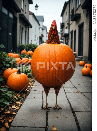A chicken dressed as a spooky Halloween pumpkin walks through the city with a pumpkin on its body. Ordinary animal life, creative photography.    118878276