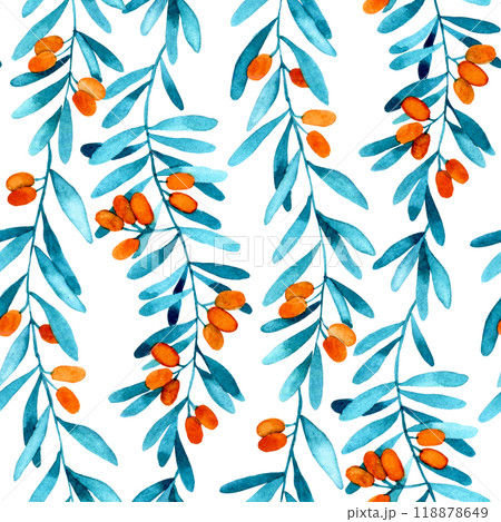 watercolor seamless pattern with sea buckthorn berries. illustration in simple style, wild berry leaves and berries watercolor seamless pattern with sea buckthorn berries. illustration in simple style, wild berry leaves and berries 118878649