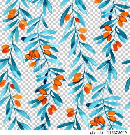 watercolor seamless pattern with sea buckthorn berries. illustration in simple style, wild berry leaves and berries watercolor seamless pattern with sea buckthorn berries. illustration in simple style, wild berry leaves and berries 118878649