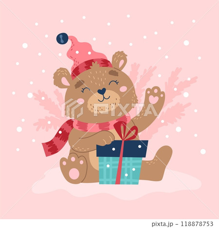 Cute bear, character wearing hat and scarf holding present. Christmas card. Vector illustration Cute bear, character wearing hat and scarf holding present. Christmas card. Vector illustration 118878753