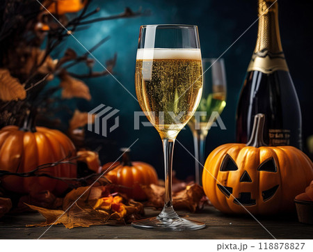 ハロウィンのカボチャとシャンパン ハロウィンのカボチャとシャンパン 118878827