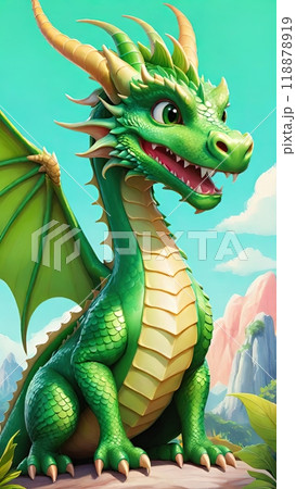 The image of a cartoon dragon with a castle in the background on a sunny day. 118878919