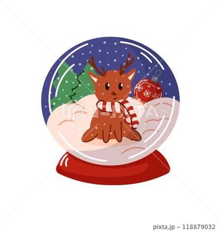 Christmas snow globe with deer, tree and ball inside in cartoon style. Holiday snowball with snowflakes for design greeting card. Isolated on a white background. 118879032
