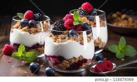 Healthy Breakfast Glasses with Granola and Berries 118879369
