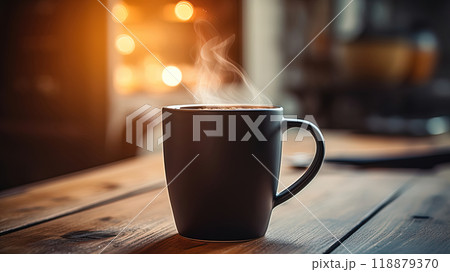 Warmth and Comfort: Steaming Black Coffee on a Rustic Table 118879370