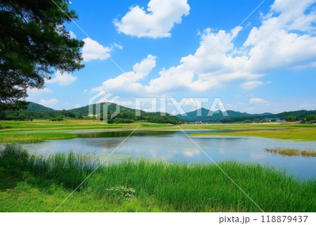 A serene view of a tranquil lake surrounded by lush greenery and distant mountains on a sunny day 118879437