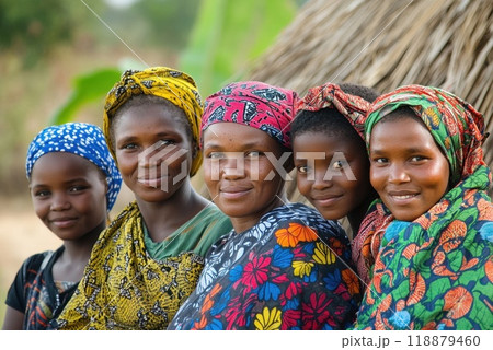 Women and girls in vibrant traditional clothing smile together in a rural village setting during sunny afternoon hours 118879460