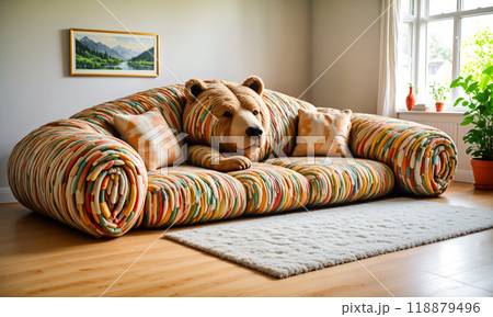 A large, fluffy brown bear-shaped sofa stands in the living room, lit by the afternoon sun. 118879496