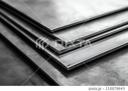 Stacked steel sheets resting on a workbench showcasing their smooth and polished surfaces during daylight 118879643