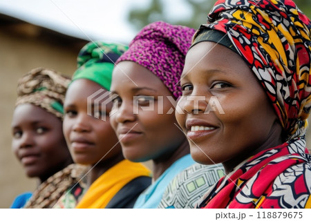 Smiling women wearing colorful headwraps engage in conversation outdoors in their village during the daytime Smiling women wearing colorful headwraps engage in conversation outdoors in their village during the daytime 118879675