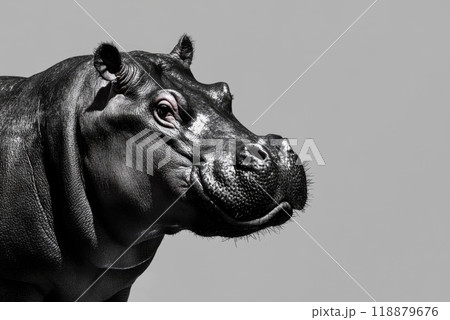 A close up portrait of a hippo against a minimalist background capturing its serene expression and distinctive features 118879676