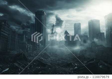 Dystopian cityscape with crumbling skyscrapers and ominous skies after a catastrophic event 118879679