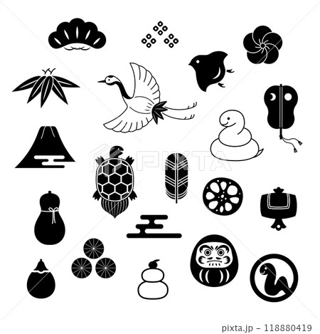 シンプルな縁起物の素材セット　白黒 118880419