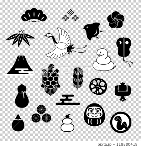 シンプルな縁起物の素材セット　白黒 118880419