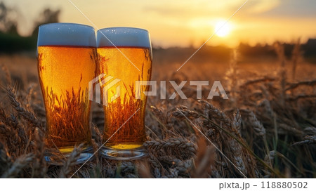 Two glasses of beer sitting in a golden wheat field during a vibrant sunset 118880502