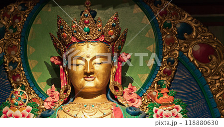 Buddha. Gompas Are Buddhist Altars Or Monasteries Located In Himalayan Region. Altar Represents Triratna -three Jewels-, Buddha, Dharma -discussions And Teachings Of Buddha- And Sangha -monastery- 118880630