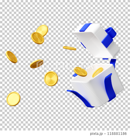 3DCG | Many coins and medals pop out of a white gift box with a blue ribbon 3DCG | Many coins and medals pop out of a white gift box with a blue ribbon 118881186