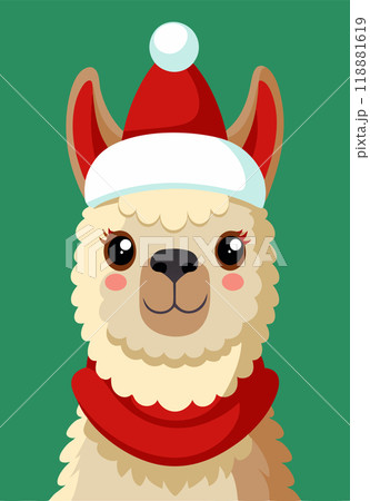 Christmas alpaca with red Santa hat, Winter holiday greetings from lama Christmas alpaca with red Santa hat, Winter holiday greetings from lama 118881619