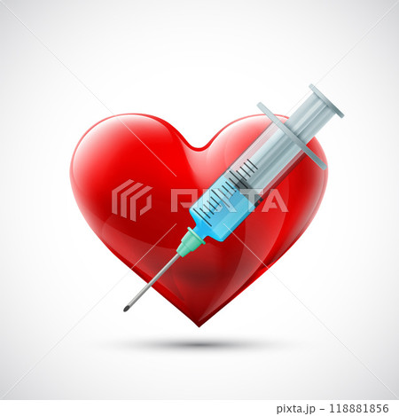 Red heart shape next to syringe with injection Red heart shape next to syringe with injection 118881856