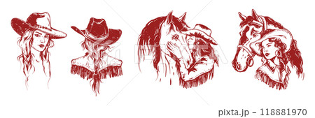Cowgirl engraving portrait set, vector hand drawn western woman face, grunge Texas female character. Cowgirl engraving portrait set, vector hand drawn western woman face, grunge Texas female character. 118881970