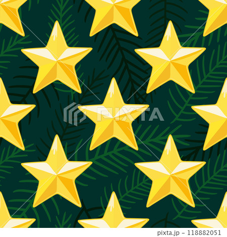 Vector seamless Christmas pattern with shiny starss and fir branches on dark green background 118882051
