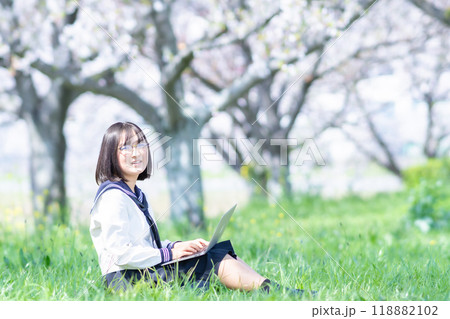 桜の木下で読書をする高校生 桜の木下で読書をする高校生 118882102
