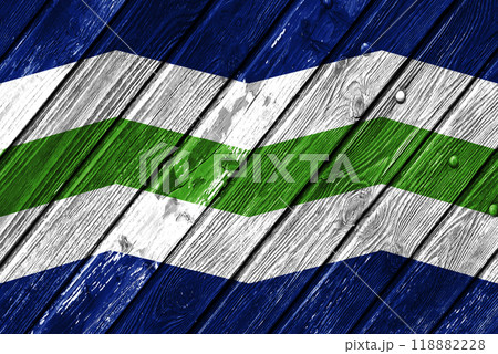 FlagFlag of the city of Burlington, Vermont, USA, original colors and proportions. Illustration. of the city of Burlington, Vermont, USA, on a background of a wooden fence. Conceptual collage. 118882228