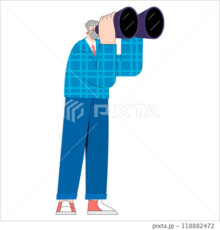 Senior businessman concept. Visionary leader looking towards the future with oversized binoculars. Strategic planning and foresight in business. Vector illustration. 118882472