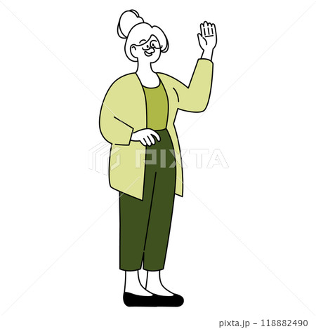 Confident elder businesswoman greeting. Senior professional woman waving hand in welcoming gesture. Leadership and active retirement. Vector illustration. 118882490