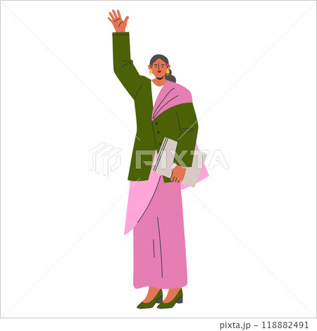 Diversity Businesswoman concept. Illustration of a confident woman in professional attire raising her hand. Inclusion in the workplace, leadership, and ambition in vector format. 118882491