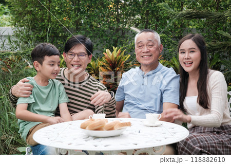 Happy Asian family Grand parent father mother and kid spending time in vacation Happy Asian family Grand parent father mother and kid spending time in vacation 118882610