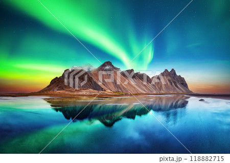 Aurora borealis Northern lights over famous Stokksnes mountains 118882715