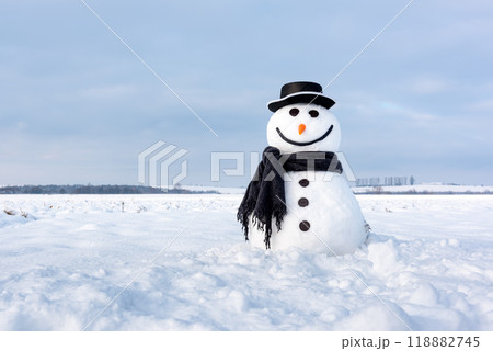 Funny snowman in stylish black hat and black scarf 118882745