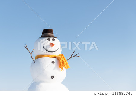 Funny snowman in stylish brown hat 118882746