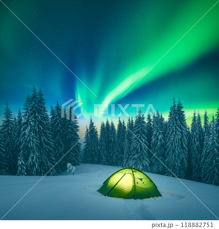 Green tent and Aurora Borealis Green tent and Aurora Borealis 118882751